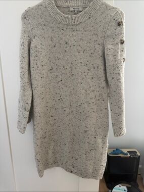 Madewell Speckled Cream Knit Mini Dress with Button Shoulder